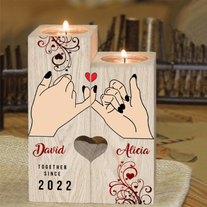 Candelero de dedos cogidos para pareja de madera de dos piezas sin candela con 2 nombres y texto personalizados y año-Jessemade ES