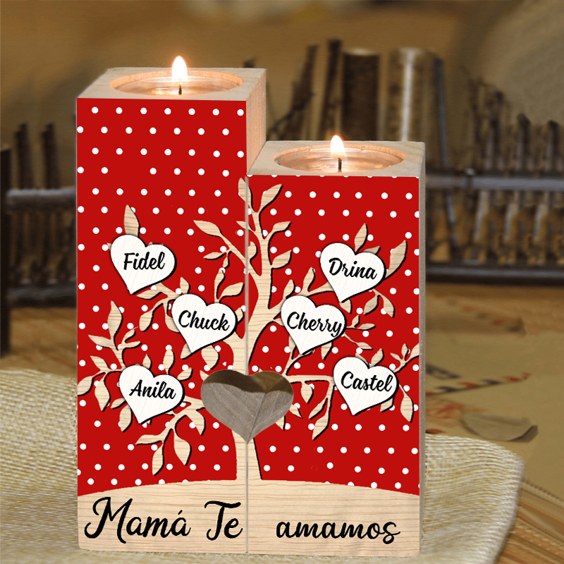 A la familia-Candelero de árbol de la vida de madera personalizado con 3-8 nombres y 1 texto sin vela-Jessemade ES