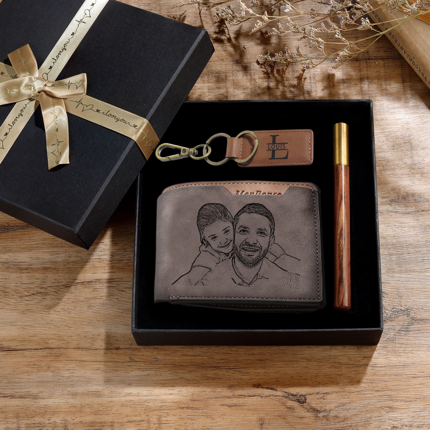 Kit de regalo-Llavero, cartera y bolígrafo con 1 nombre, letra y texto personalizados con foto para hombre-Jessemade ES