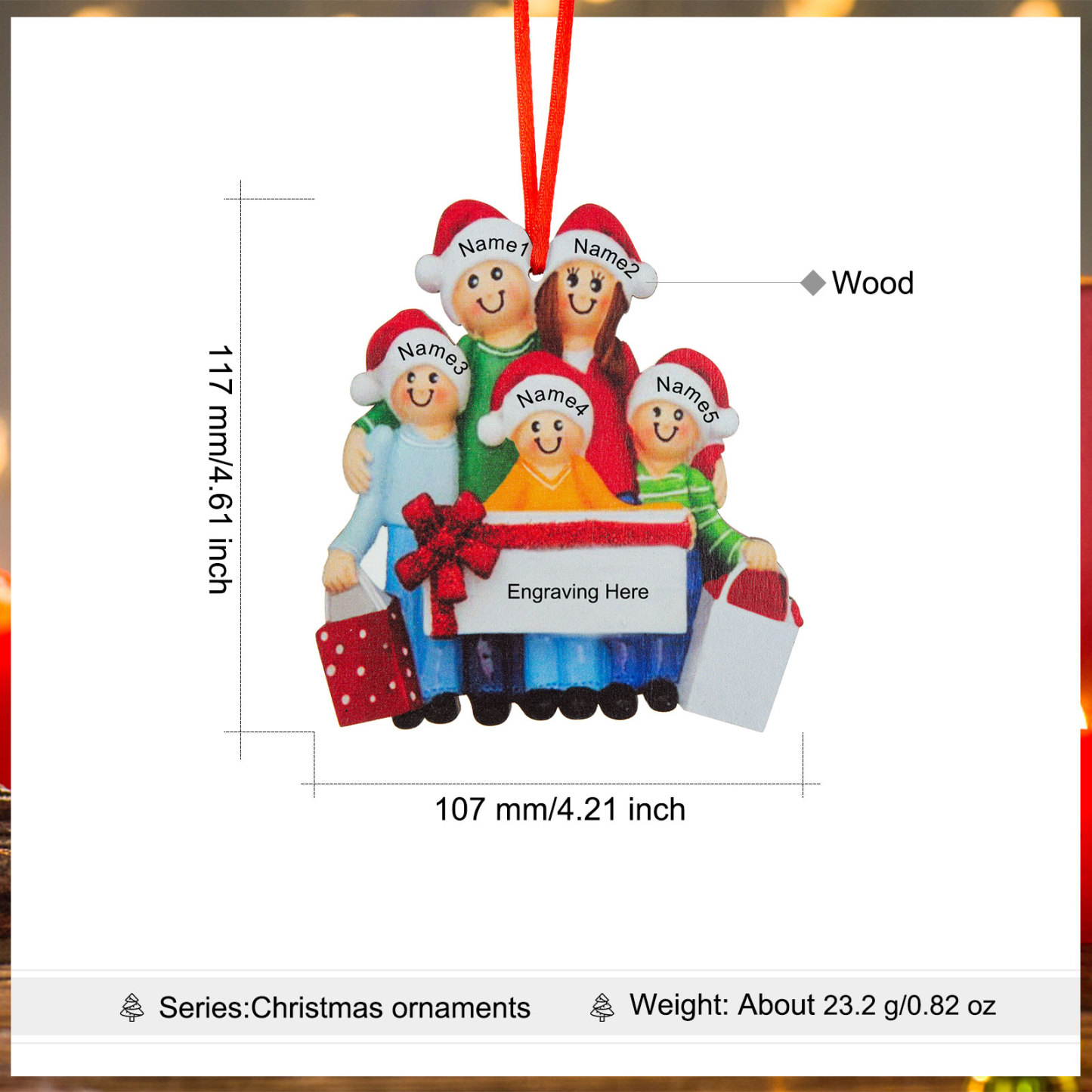 Navidad-Muñeco Ornamento Navideño 5 Nombres y Texto Personalizados Adorno de Madera