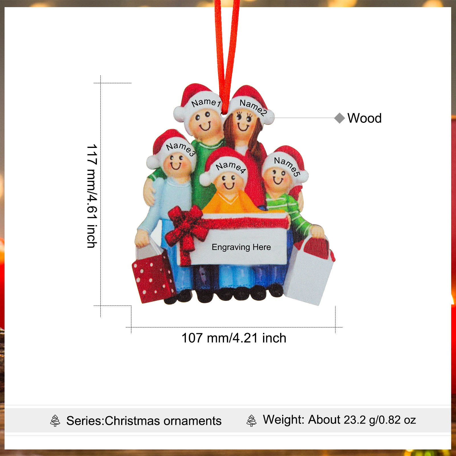 Navidad-Muñeco Ornamento Navideño 5 Nombres y Texto Personalizados Adorno de Madera