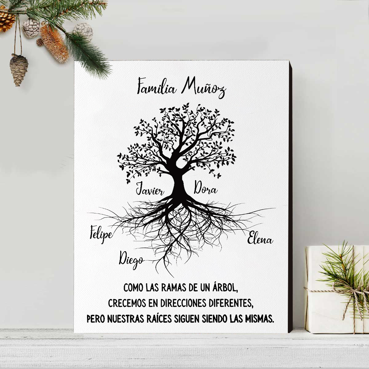 A mi familia-Lámina marco de madera Árbol de la Vida 1 texto y 5 nombres personalizados-Jessemade ES