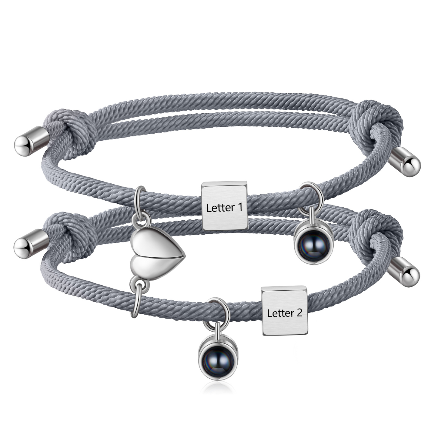 Pulsera de cuerda para pareja personalizada con 2 letras con proyección de foto y dije de corazón magnético-Jessemade ES