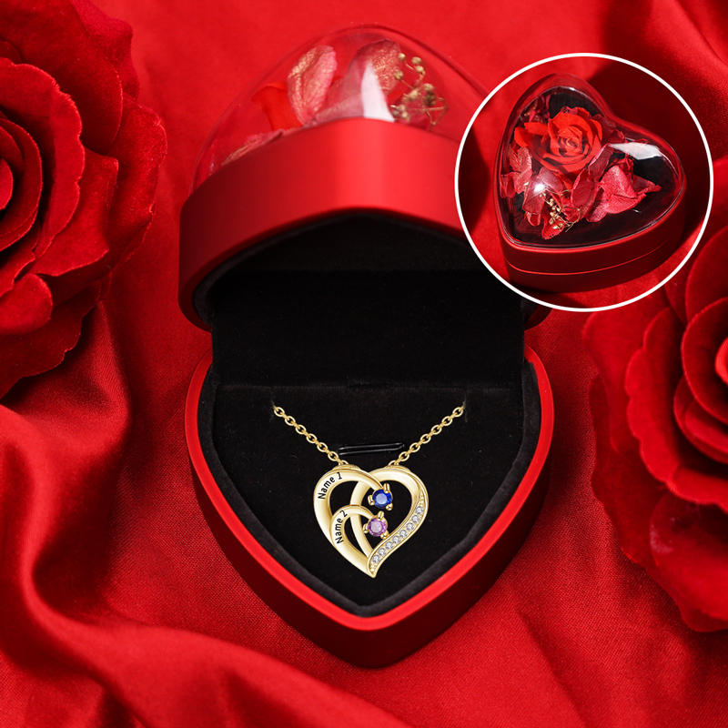 Collar de corazón de plata 925 con 2 nombres y 2 piedras de nacimiento personalizados-Jessemade ES