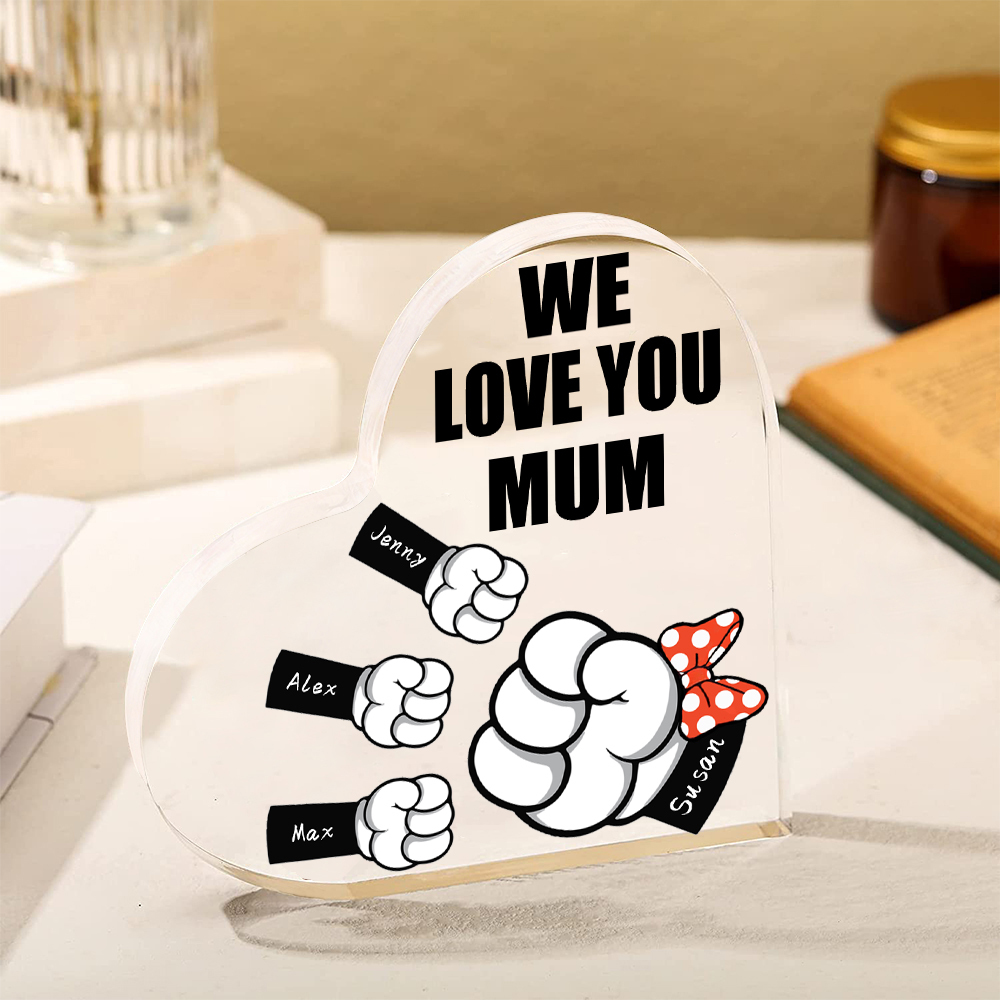 A mi mamá/abuela-Placa de acrílico "Puños" en forma de corazón 4 nombres y 1 texto personalizados-Jessemade ES