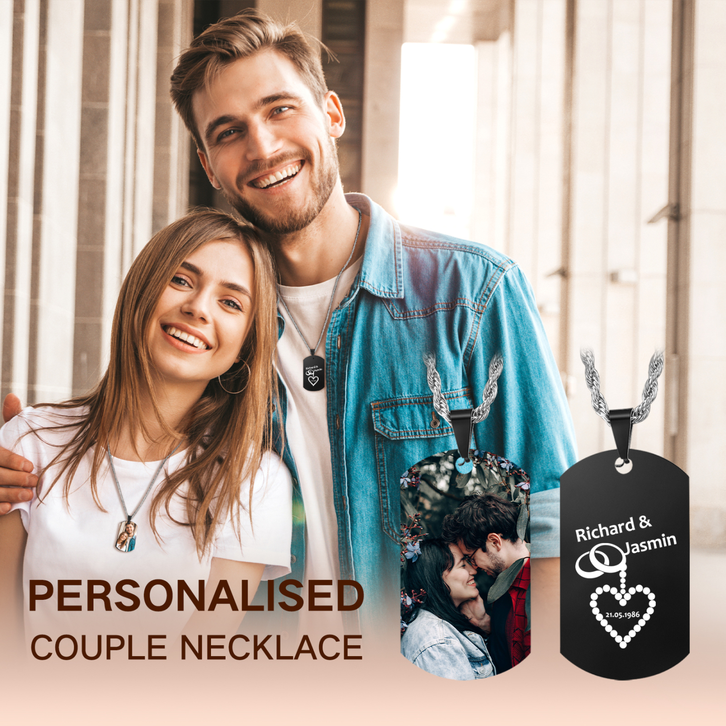 Collar de placa con foto personalizado con 2 nombres, fecha en la trasera para hombre-Jessemade ES