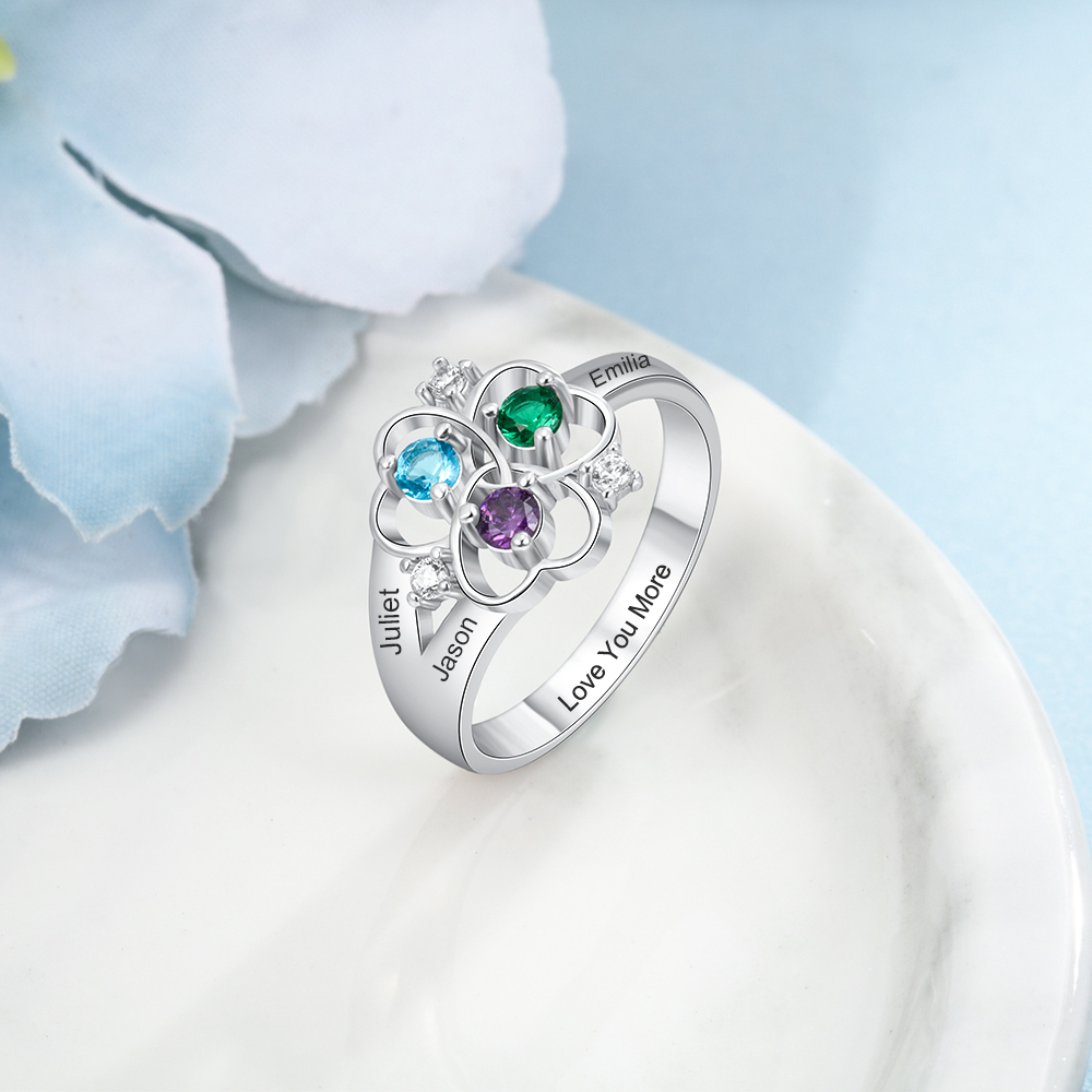 Anillo de Plata 925 con 3 Nombres Personalizados y 3 Piedras de Nacimiento