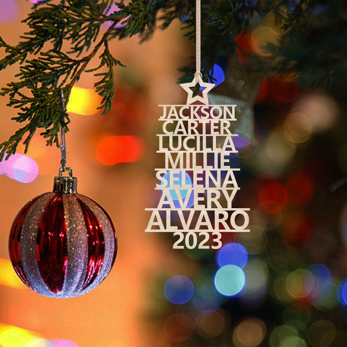 Navidad-Ornamento navideño de madera árbol de nombres con 7 nombres y año personalizados