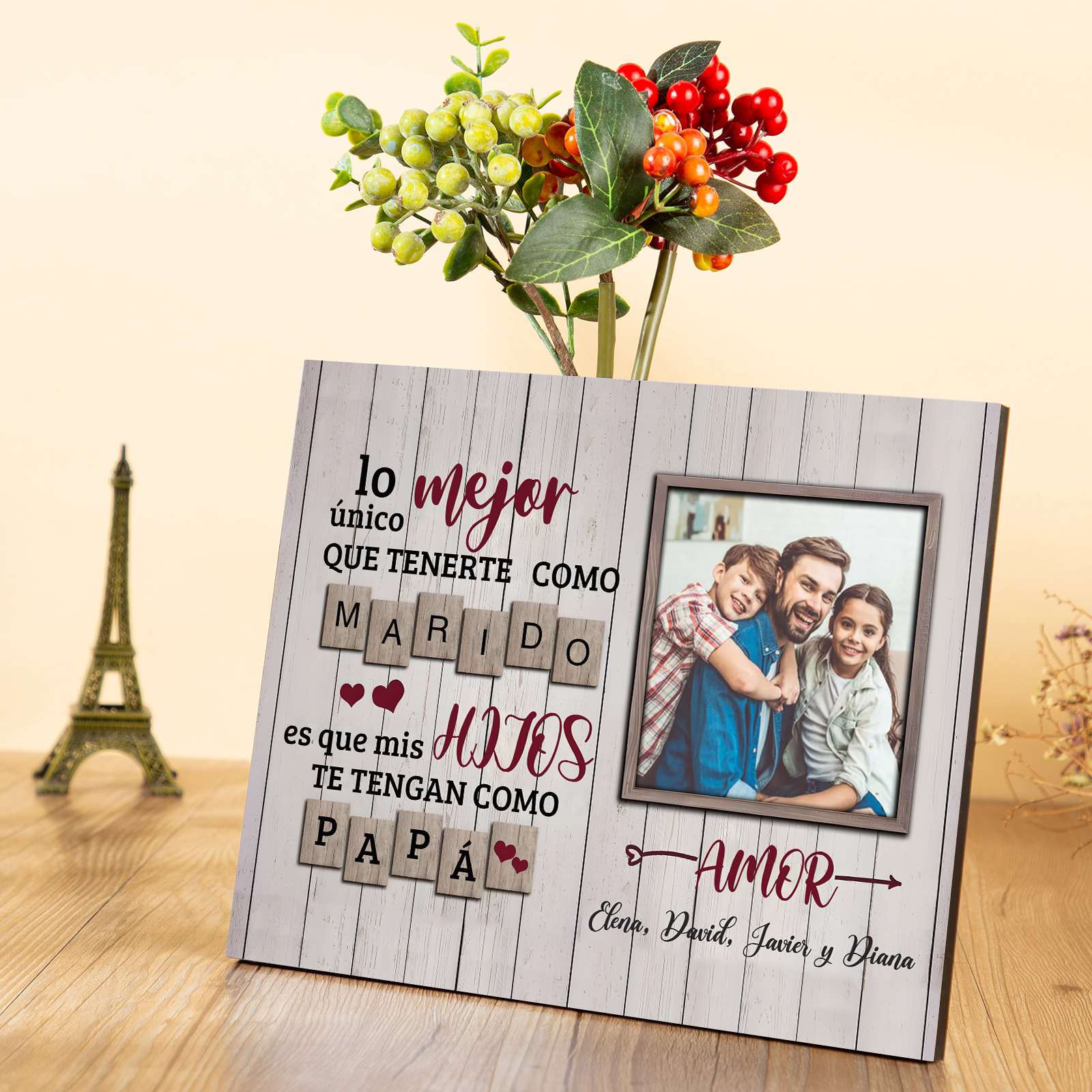 Feliz Día del Padre a mi marido - Lámina marco de madera 1 texto personalizado con 1 foto-Jessemade ES