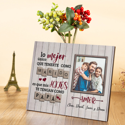 Feliz Día del Padre a mi marido - Lámina marco de madera 1 texto personalizado con 1 foto-Jessemade ES