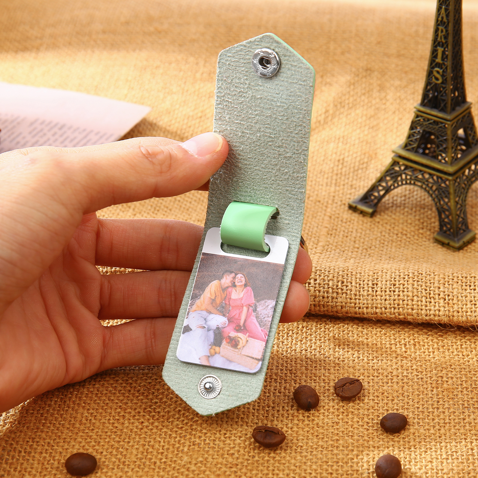 Llavero para pareja de cuero personalizado con texto y foto-Jessemade ES