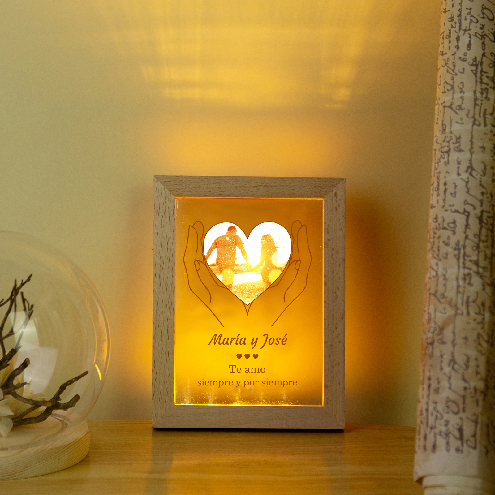 Marco con lámpara de 1 foto de madera para pareja 1 texto personalizado-Jessemade ES