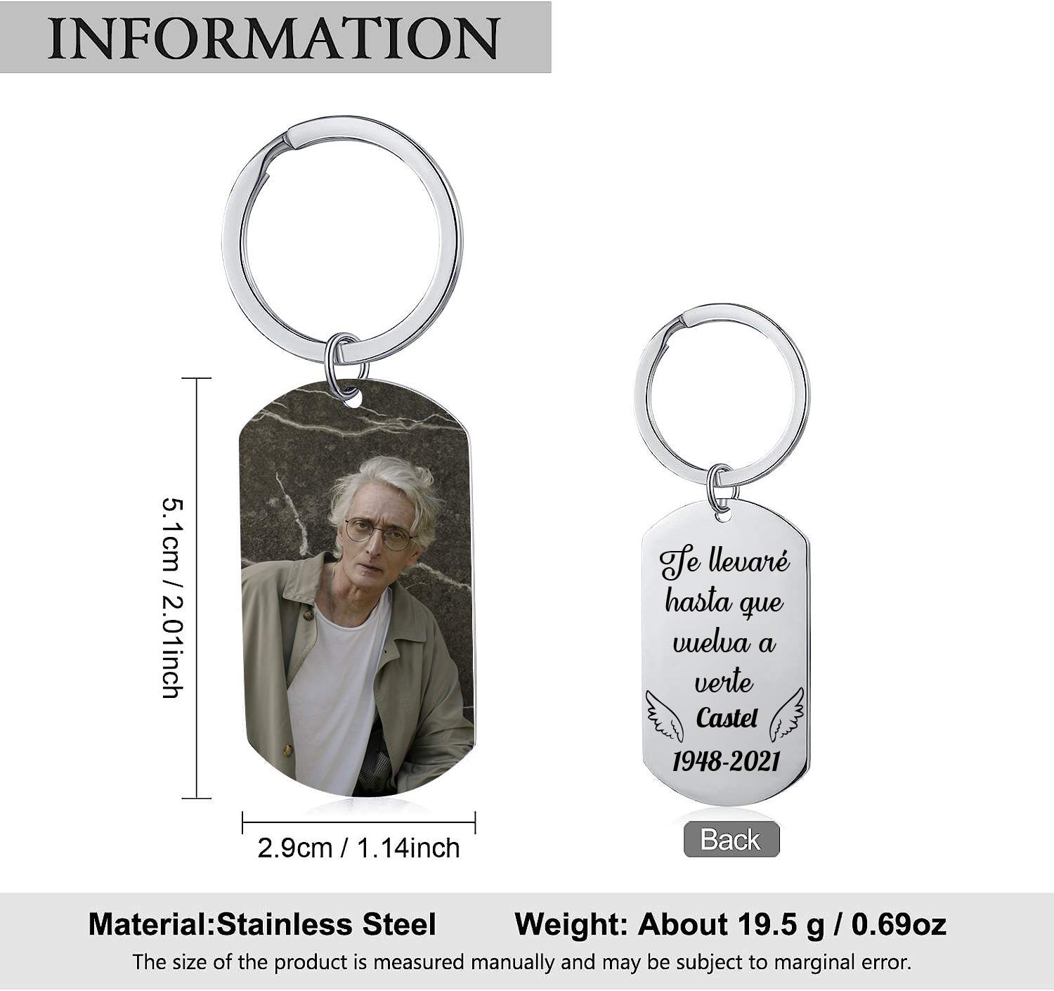 Llavero conmemorativo a un ser querido personalizado con foto, nombre y años-Jessemade ES