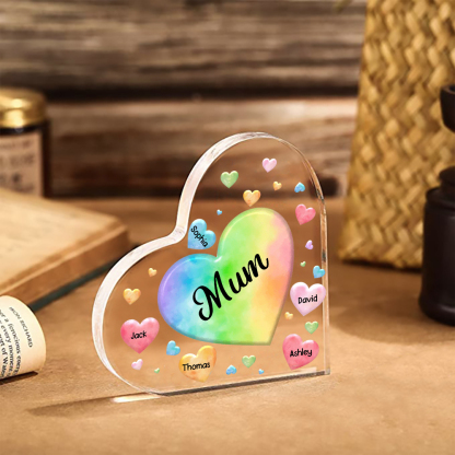 A mi mamá/abuela-Placa de acrílico "Corazones" en forma de corazón 5 nombres y 1 texto personalizados-Jessemade ES