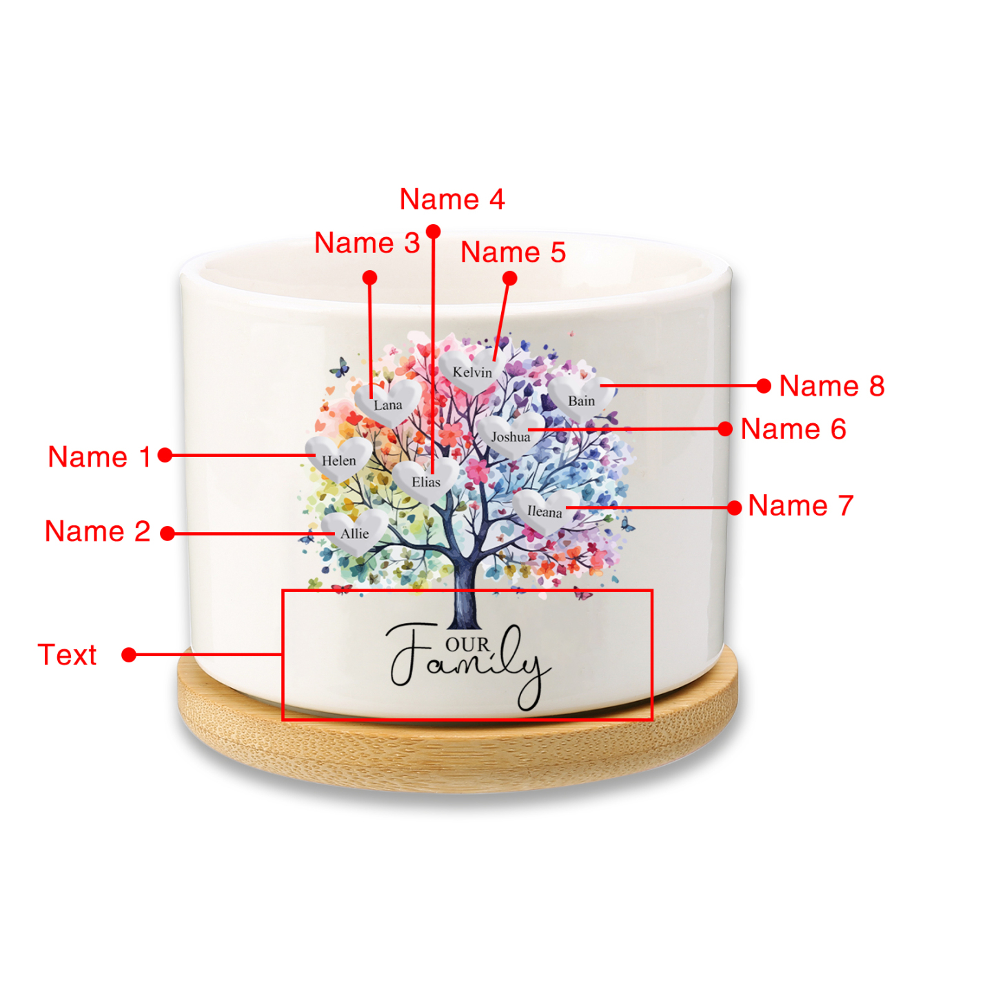 Florero con base de cerámica árbol de corazones 2-8 nombres personalizados con texto decoración del hogar-Jessemade ES