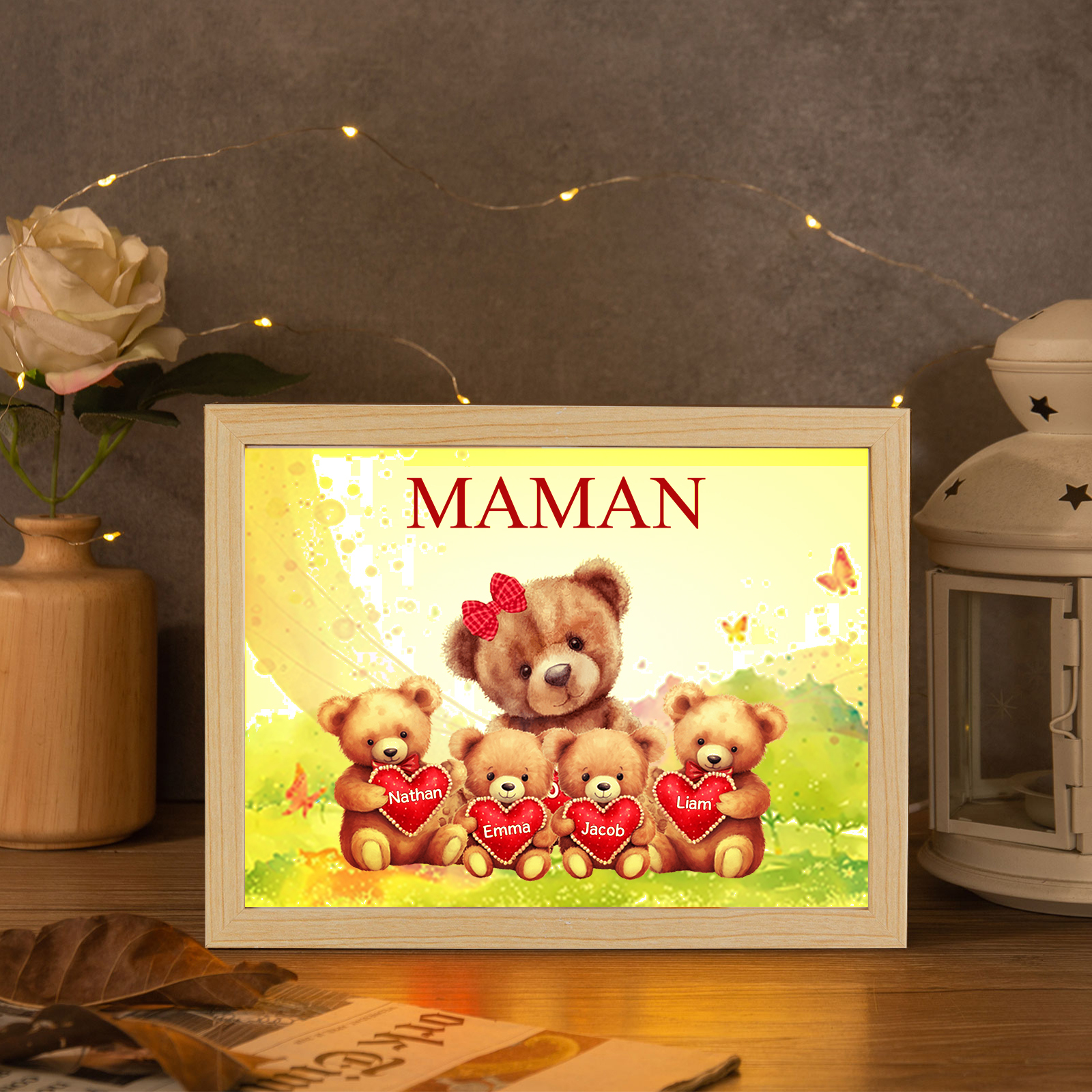 Marco con LED Familia de Osos 1-4 Nombres Personalizados con 1 Texto-Jessemade ES
