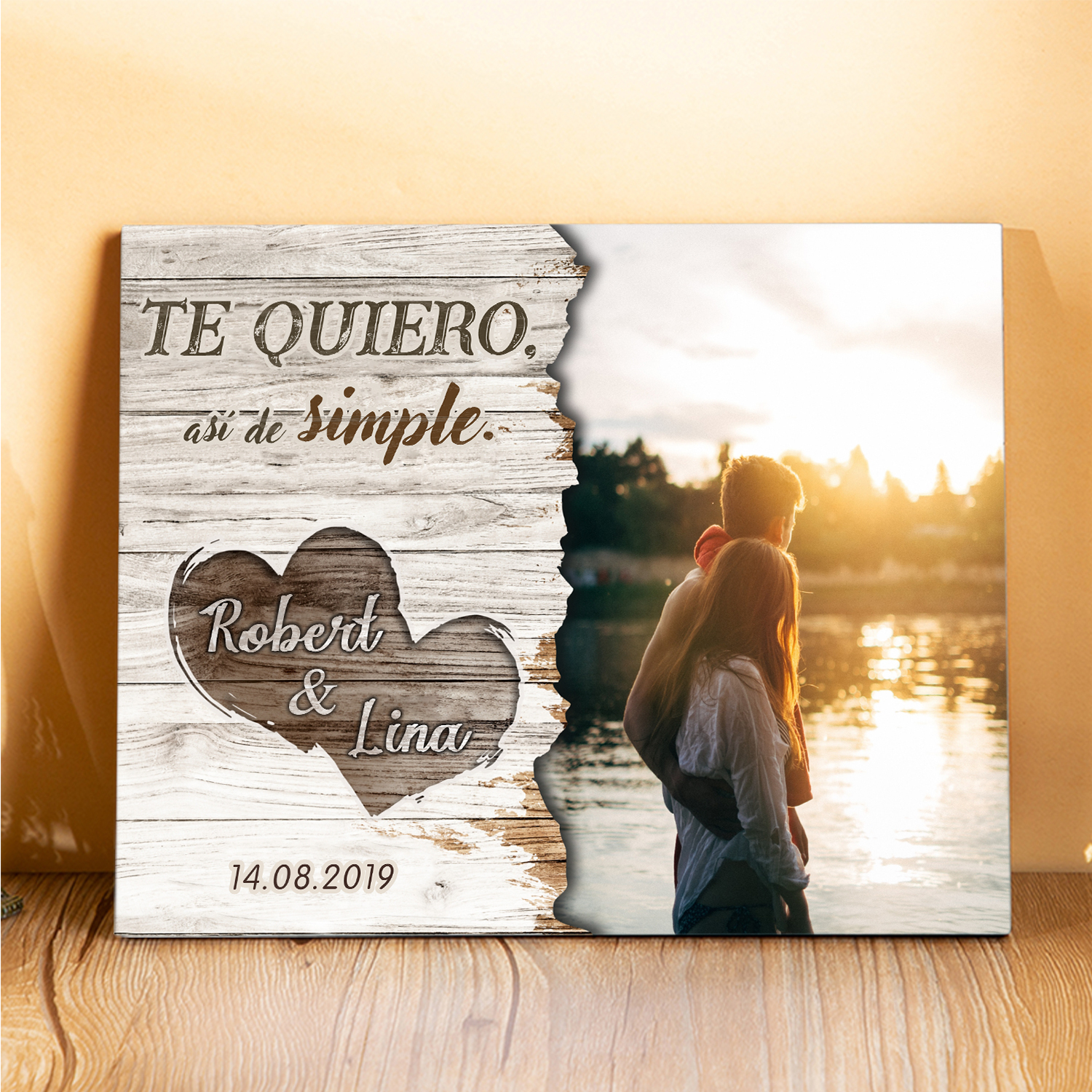 Lámina marco de madera para pareja 2 nombres personalizados con fecha y foto-Jessemade ES