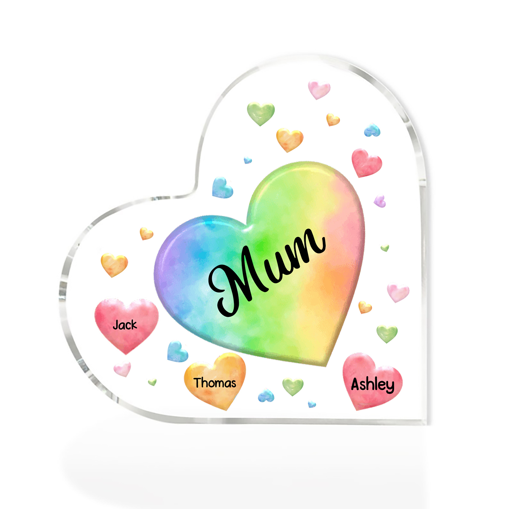 A mi mamá/abuela-Placa de acrílico "Corazones" en forma de corazón 3 nombres y 1 texto personalizados-Jessemade ES