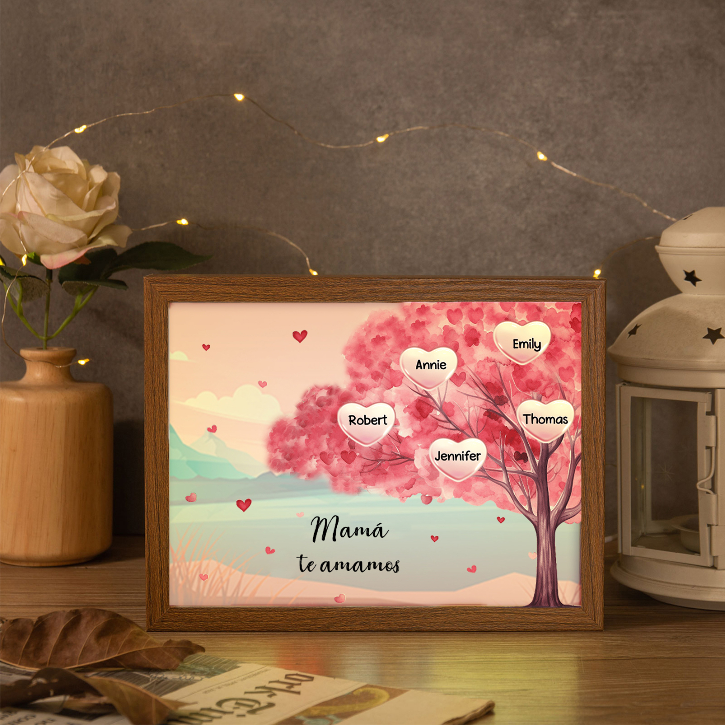 Marco con LED Árbol de la Vida 1-10 Nombres Personalizados con 1 Texto-Jessemade ES