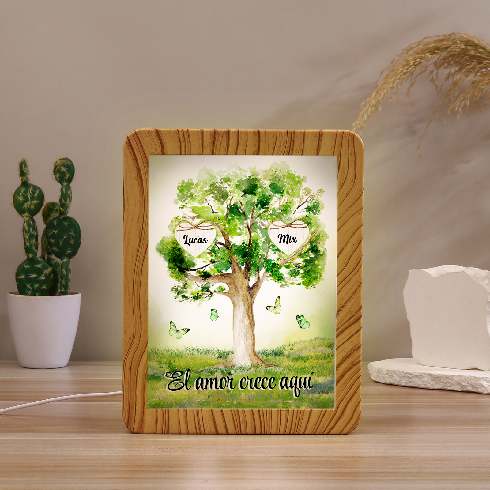 Marco/Espejo con LED Multifuncional Árbol de la Vida 2-8 Nombres Personalizados con 1 Texto-Jessemade ES