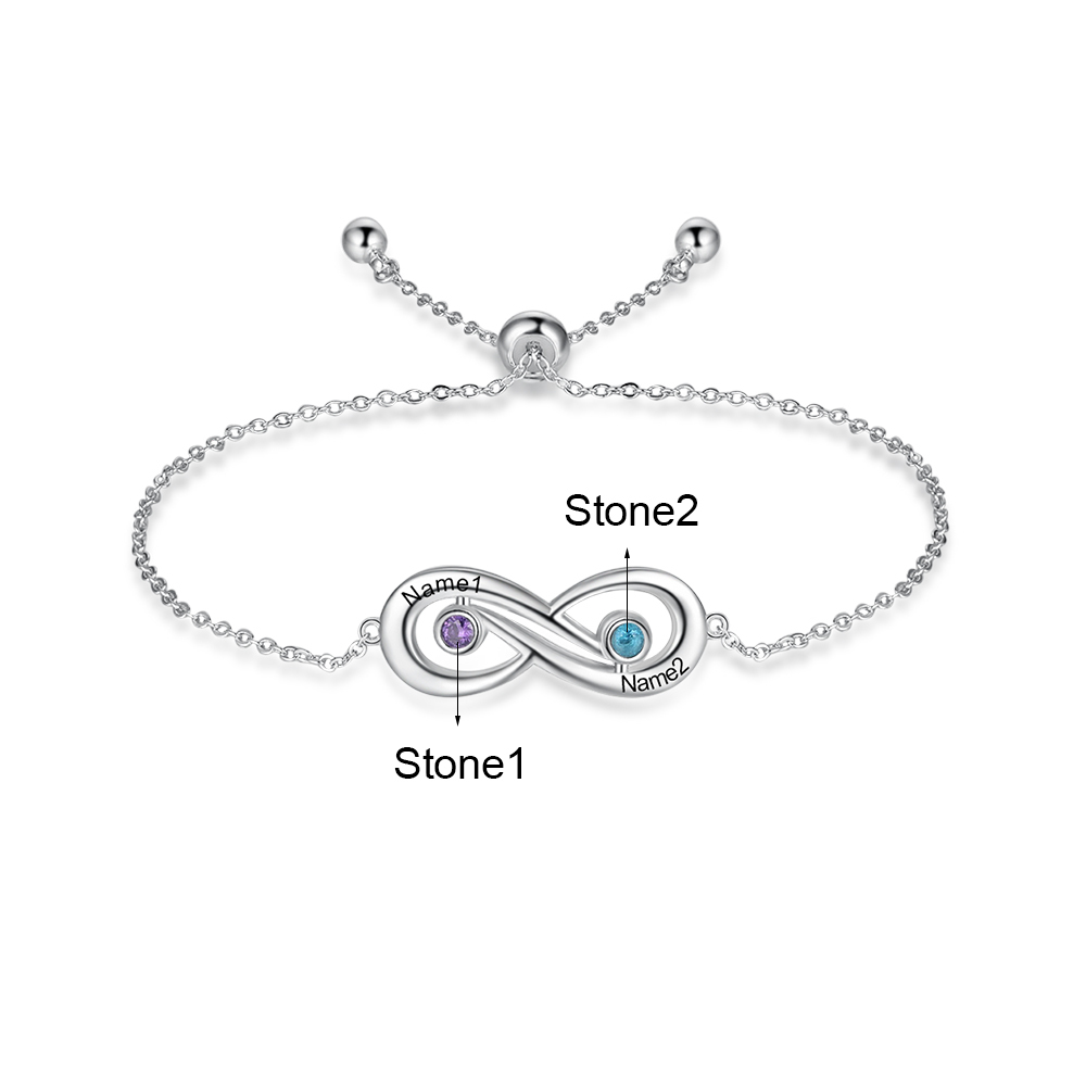 Pulsera infinito ajustable con 2 piedras de nacimiento y 2 nombres personalizados