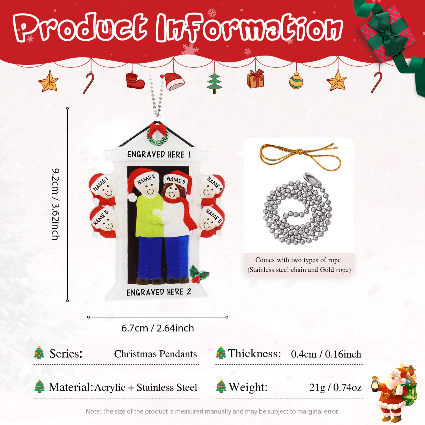 Navidad-Ornamentos Navideños de Acrílico Familia en Puerta 6 Nombres Personalizados con 2 Textos