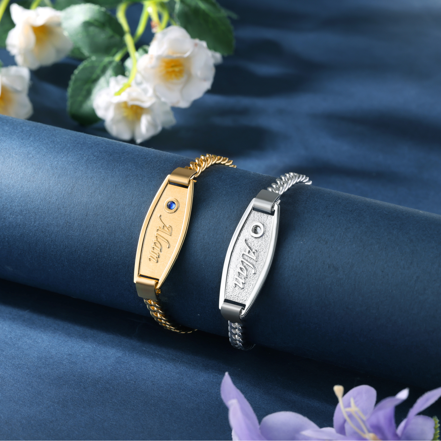 Pulseras de cadena para pareja con placa 2 nombres y 2 piedras personalizados-Jessemade ES