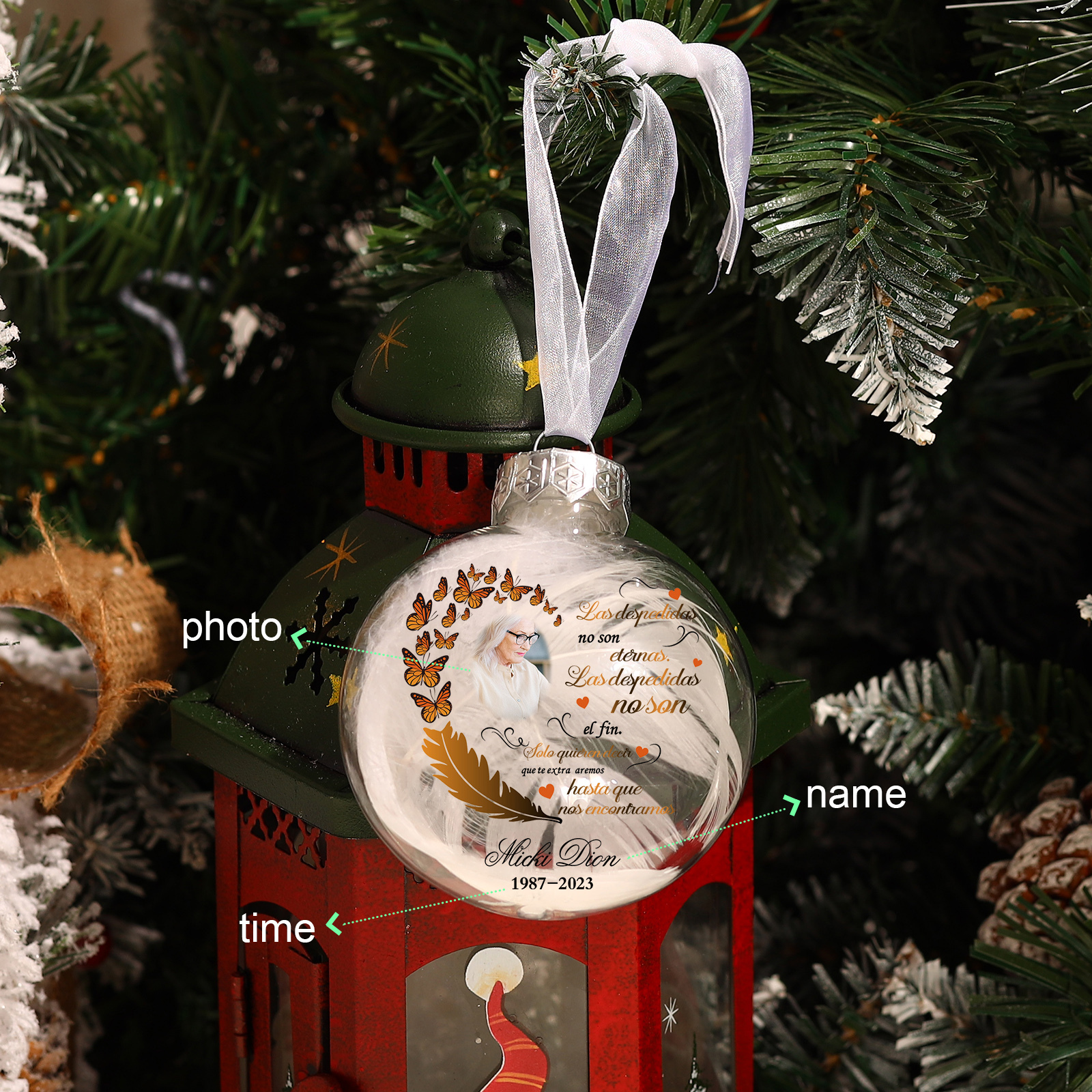 Bola navideña conmemorativa Adorno de Navidad 1 nombre, 1 foto y años personalizados con pluma -Jessemade ES