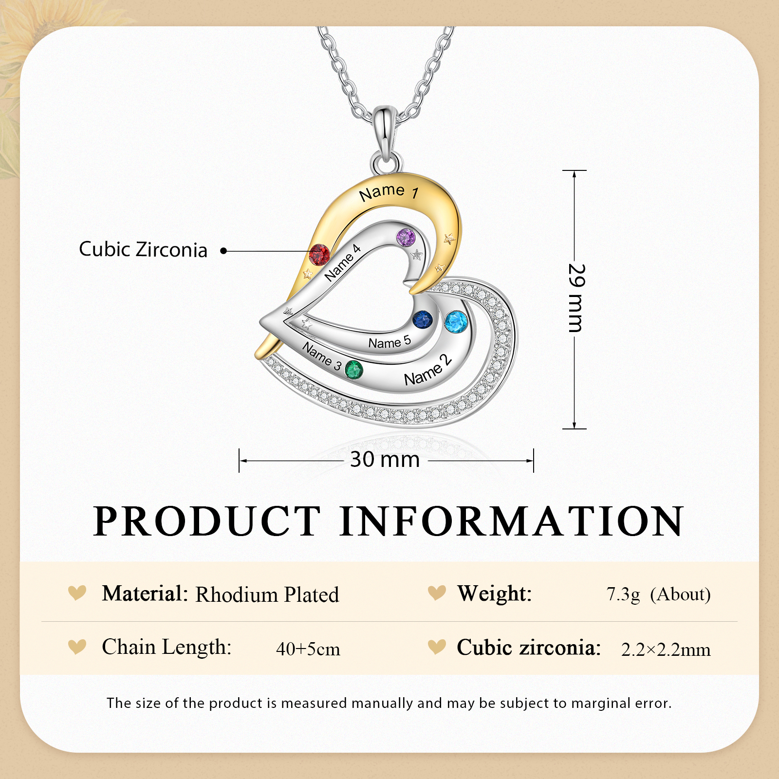 Collar de corazón con 5 nombres y piedras de nacimiento personalizados-Jessemade ES