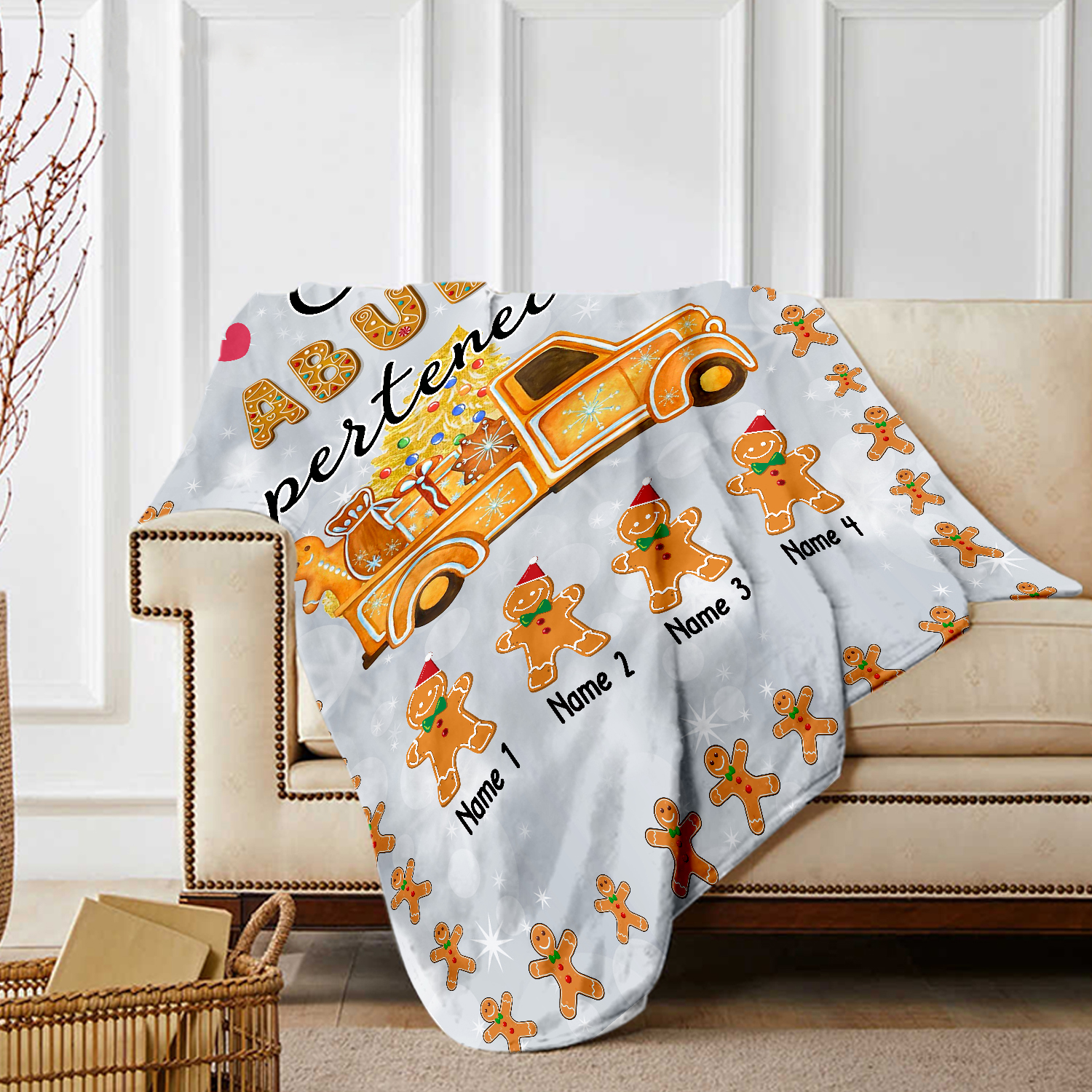 A mi abuela-Manta de buen calidad de Navidad hombres de jengibre personalizada con 4 nombres-Jessemade ES