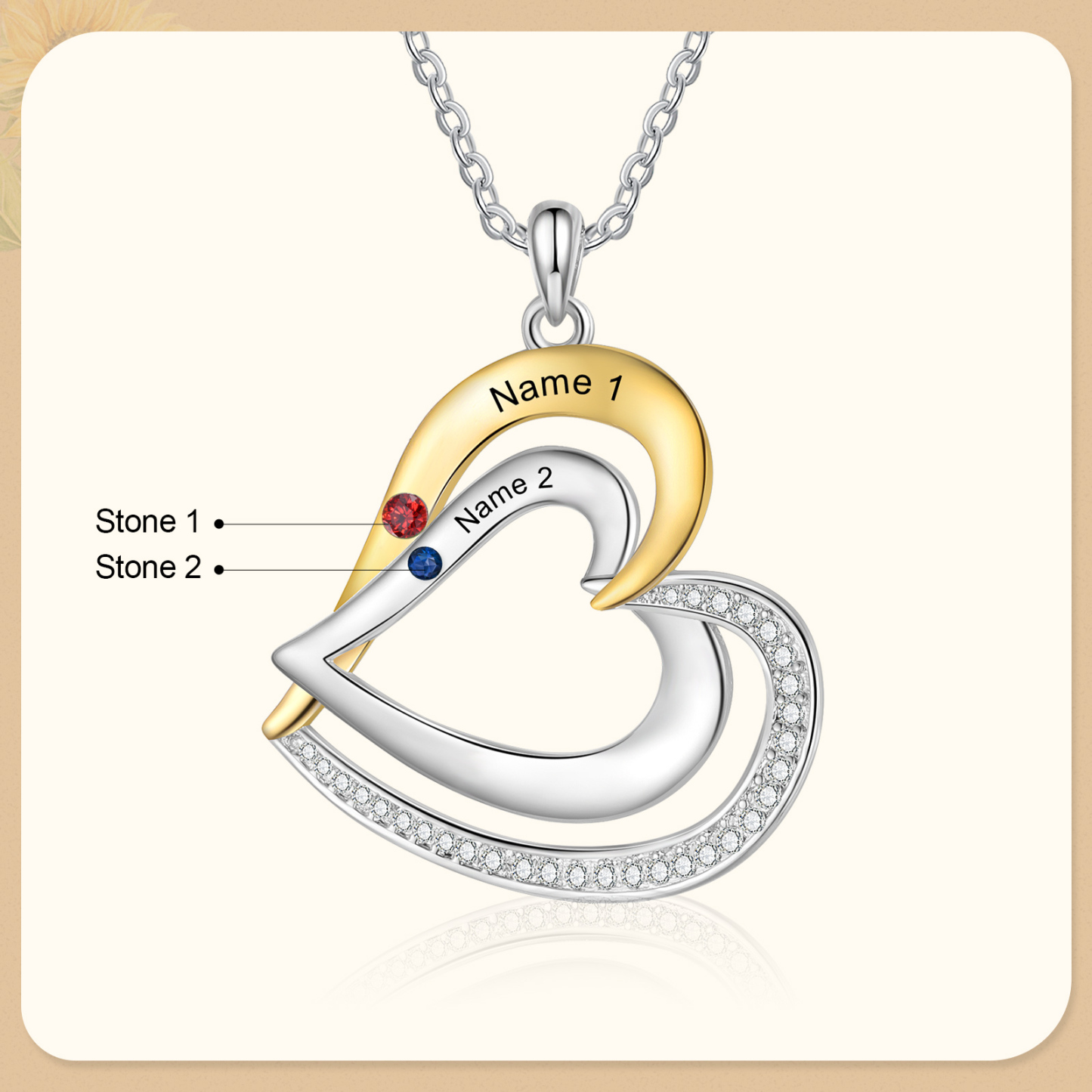 Collar de corazón de plata 925 con 2 nombres y piedras de nacimiento personalizados-Jessemade ES