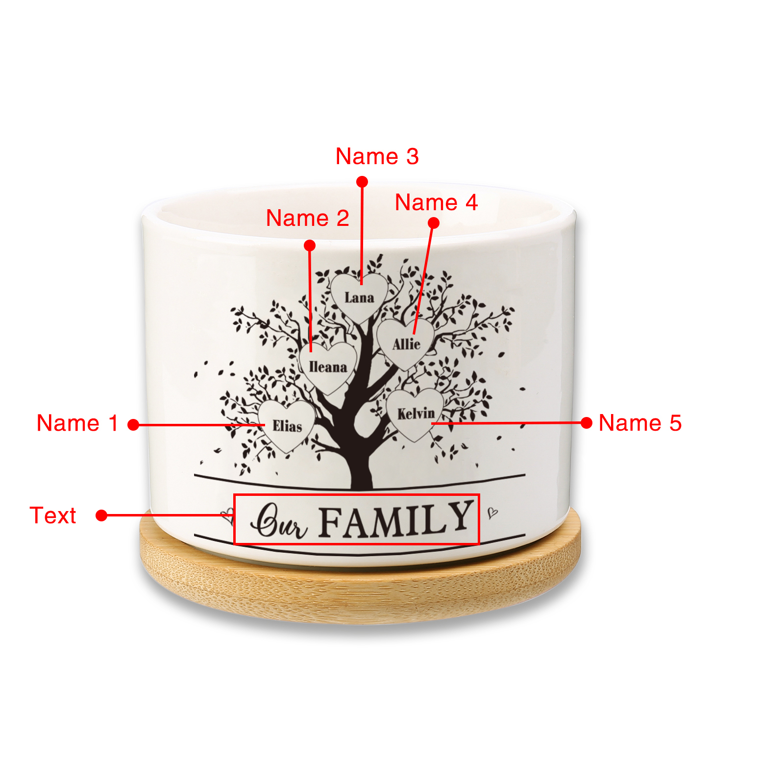 Florero con base de cerámica árbol de corazones 2-8 nombres personalizados con texto decoración del hogar-Jessemade ES