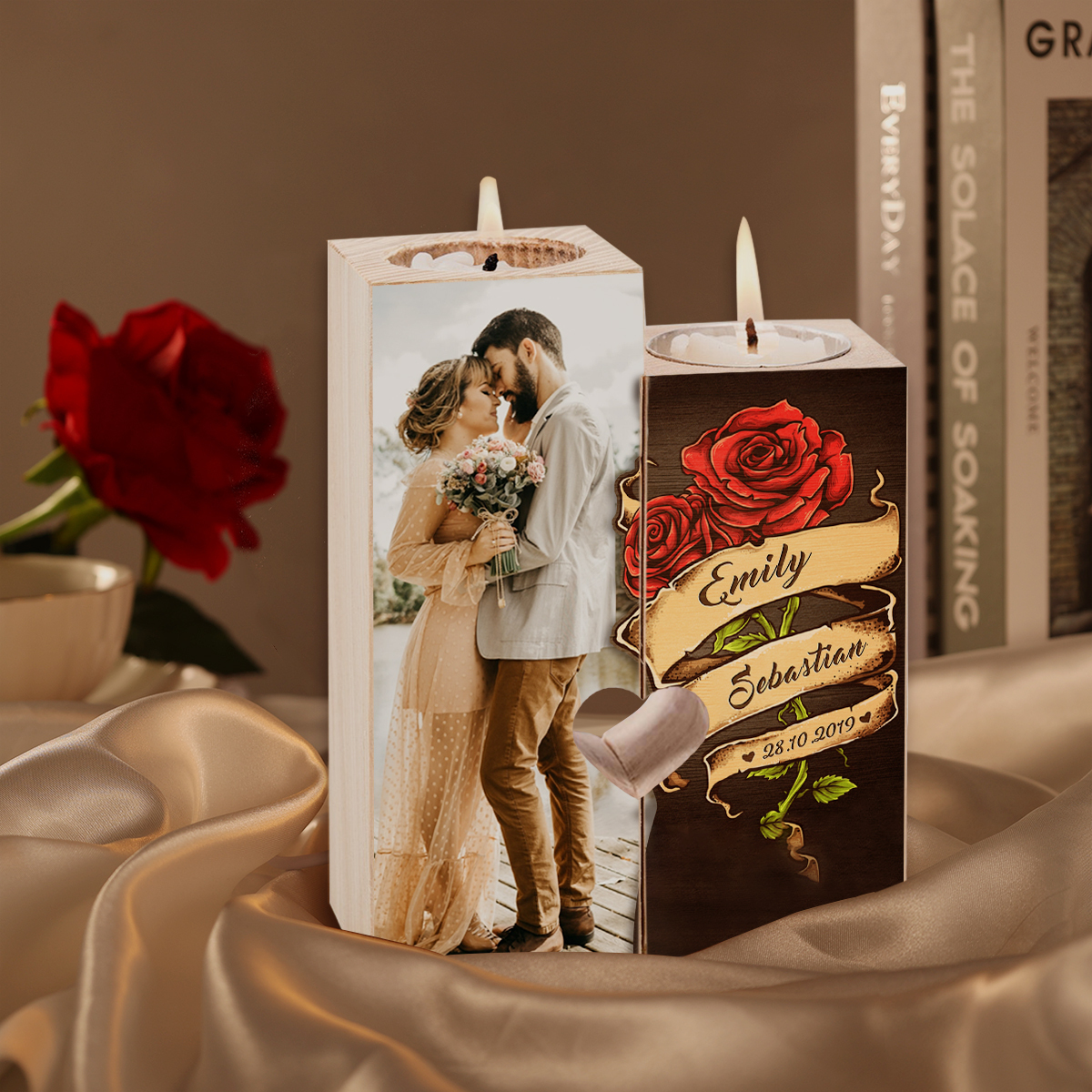 Candelero para pareja de madera de dos piezas sin candela con 2 nombres, fecha y foto personalizados-Jessemade ES