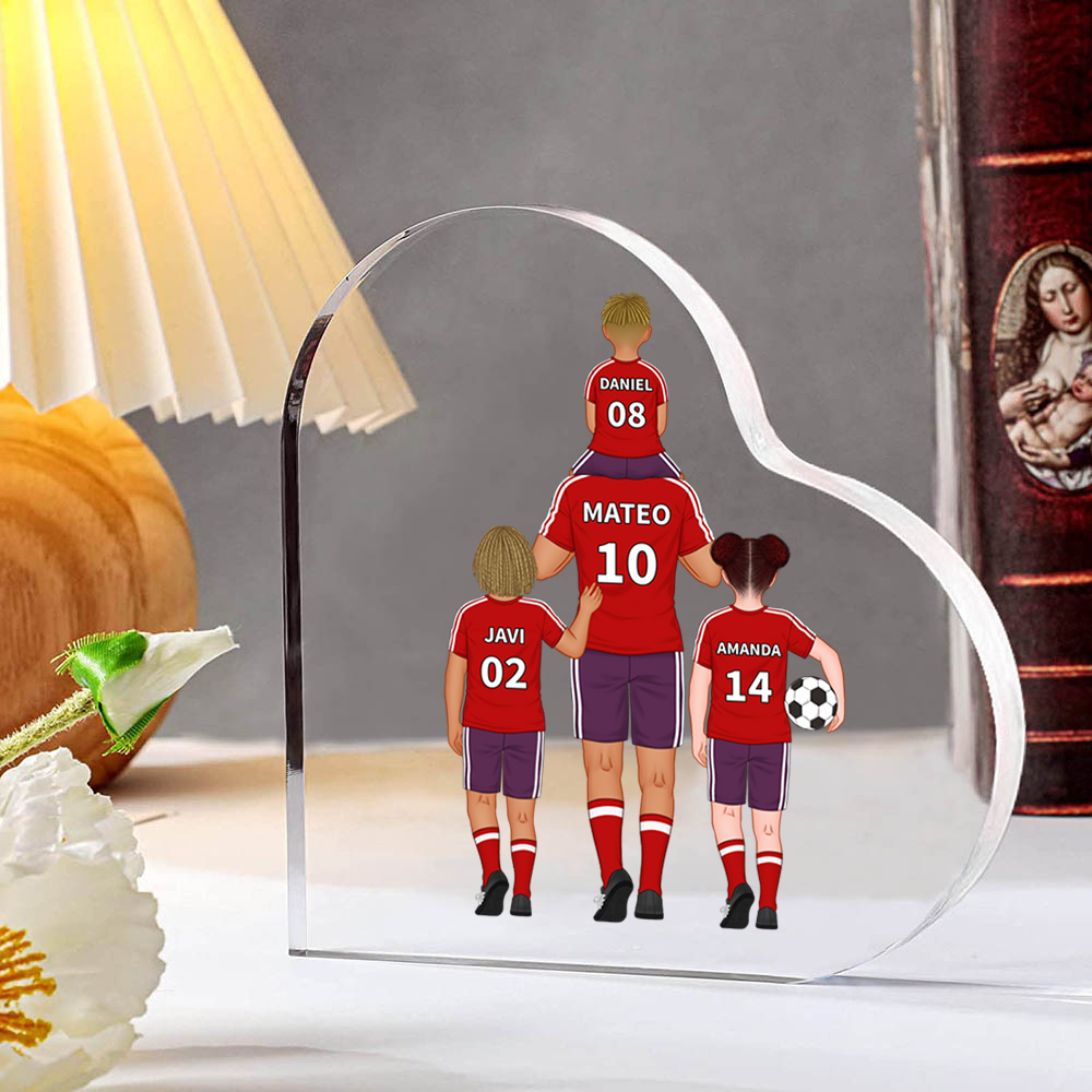 Placa de acrílico en forma de corazón fútbol con 2-4 nombres y números personalizados