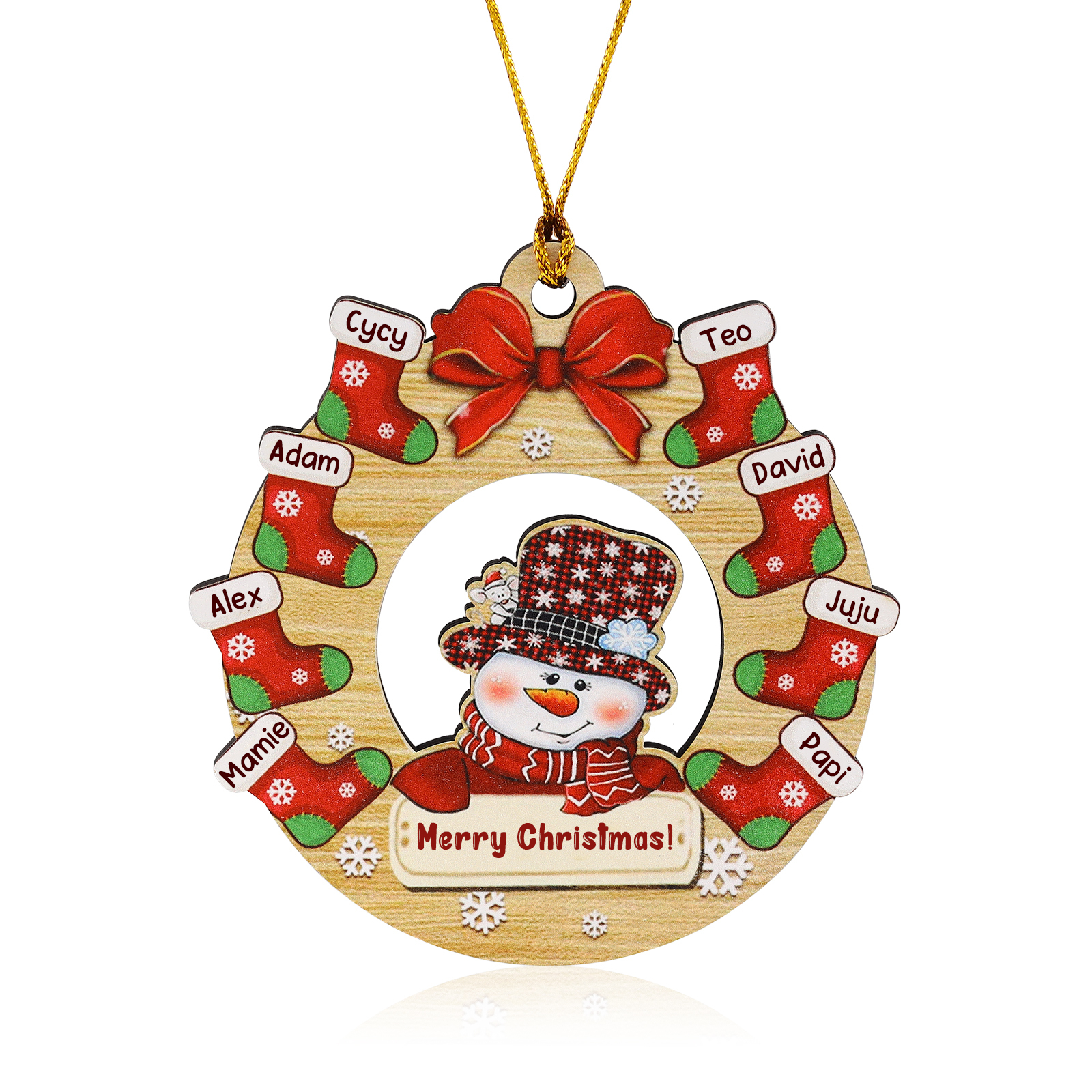 Navidad-Ornamentos Navideños de Madera Muñecos de Nieve y Calcetines 8 Nombres con Texto Personalizados-Jessemade ES