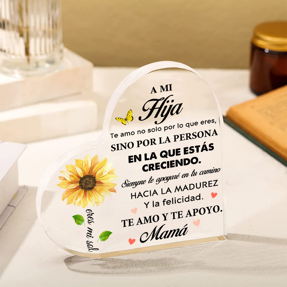 A mi hija-Placa de acrílico en forma de corazón de girasol con 1 nombre personalizado-Jessemade ES