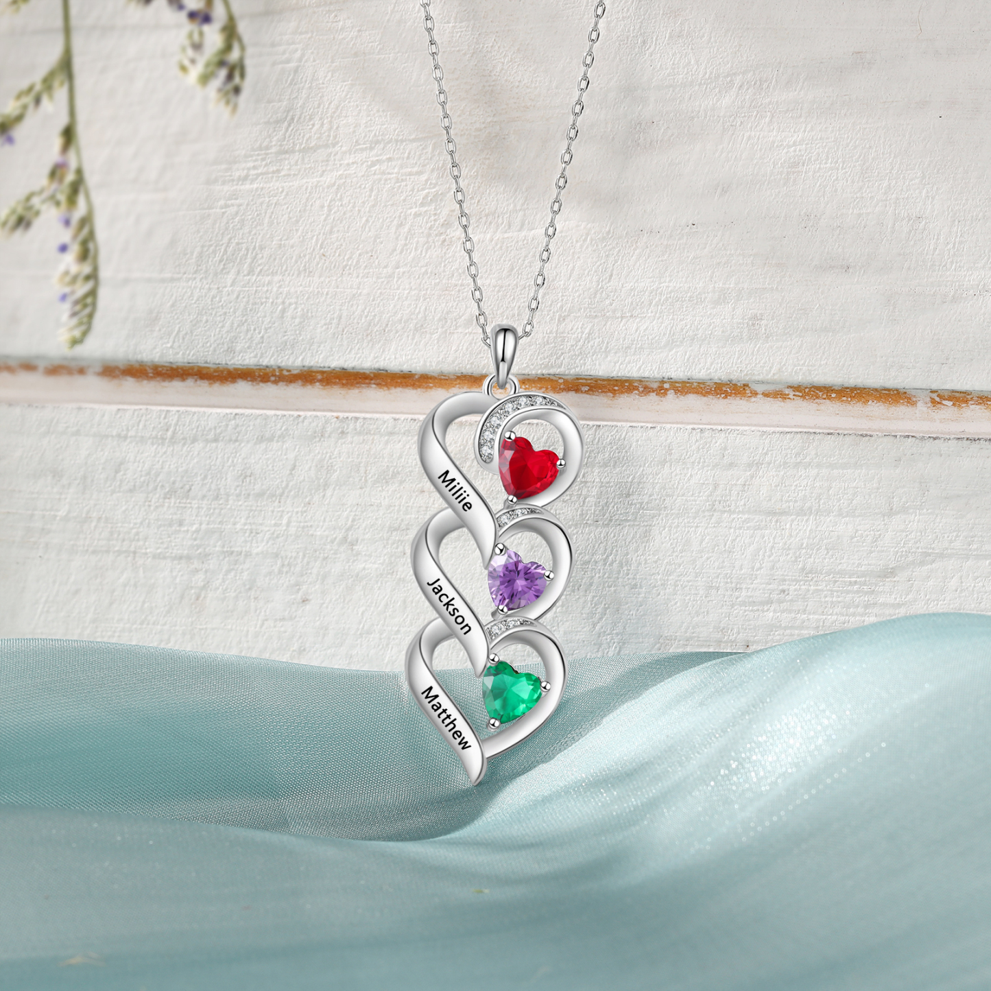 Collar de tres corazones con 3 nombres y piedras de nacimiento personalizados-Jessemade ES