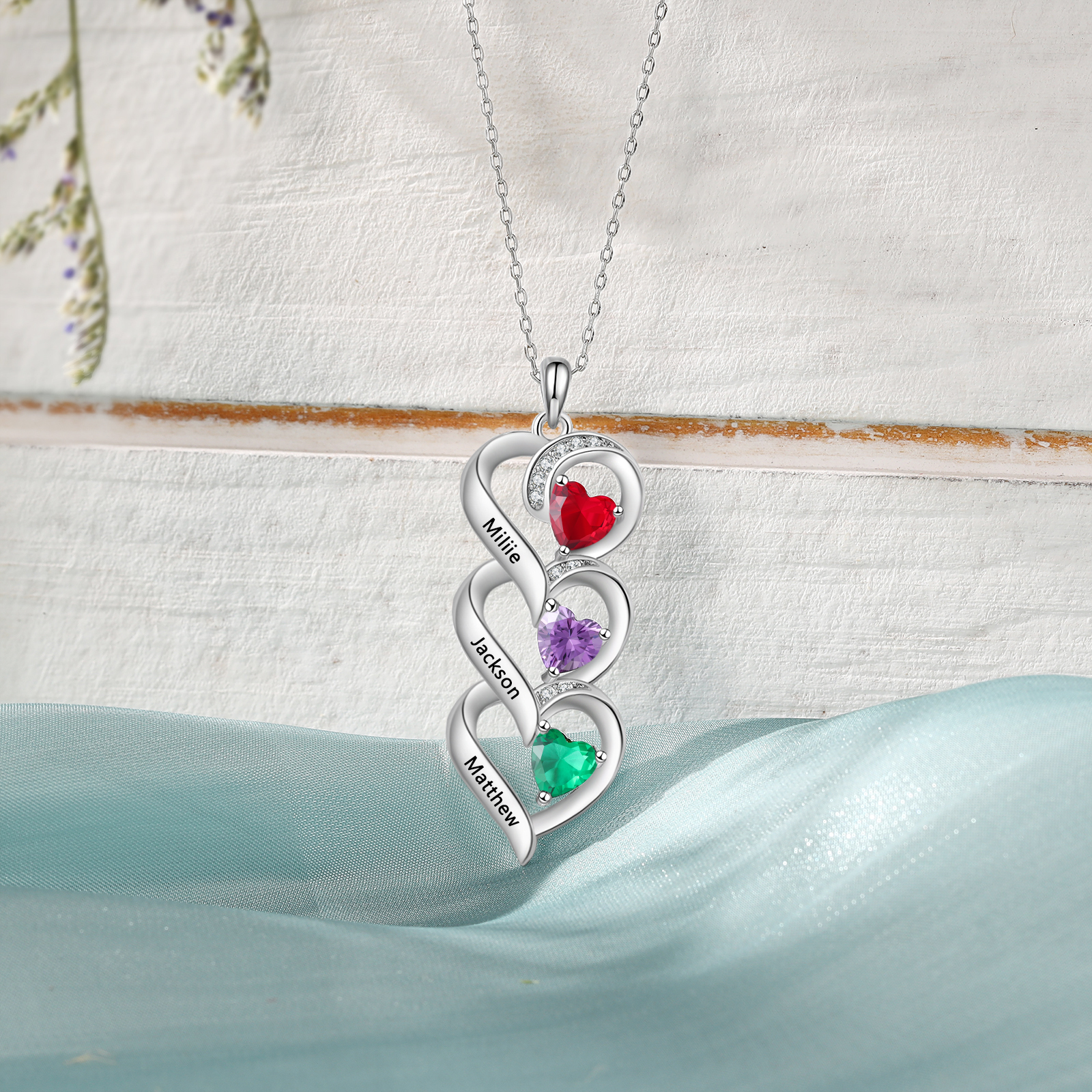 Collar de tres corazones con 3 nombres y piedras de nacimiento personalizados-Jessemade ES