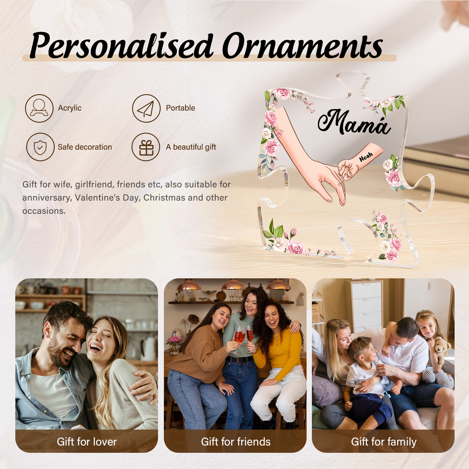 A mi mamá/abuela-Placa de acrílico en forma de corazón mano a mano con 1 texto y 1 nombre personalizado | Jessemade