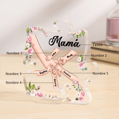 A mi mamá/abuela-Placa de acrílico en forma de corazón mano a mano con 1 texto y 5 nombres personalizados | Jessemade