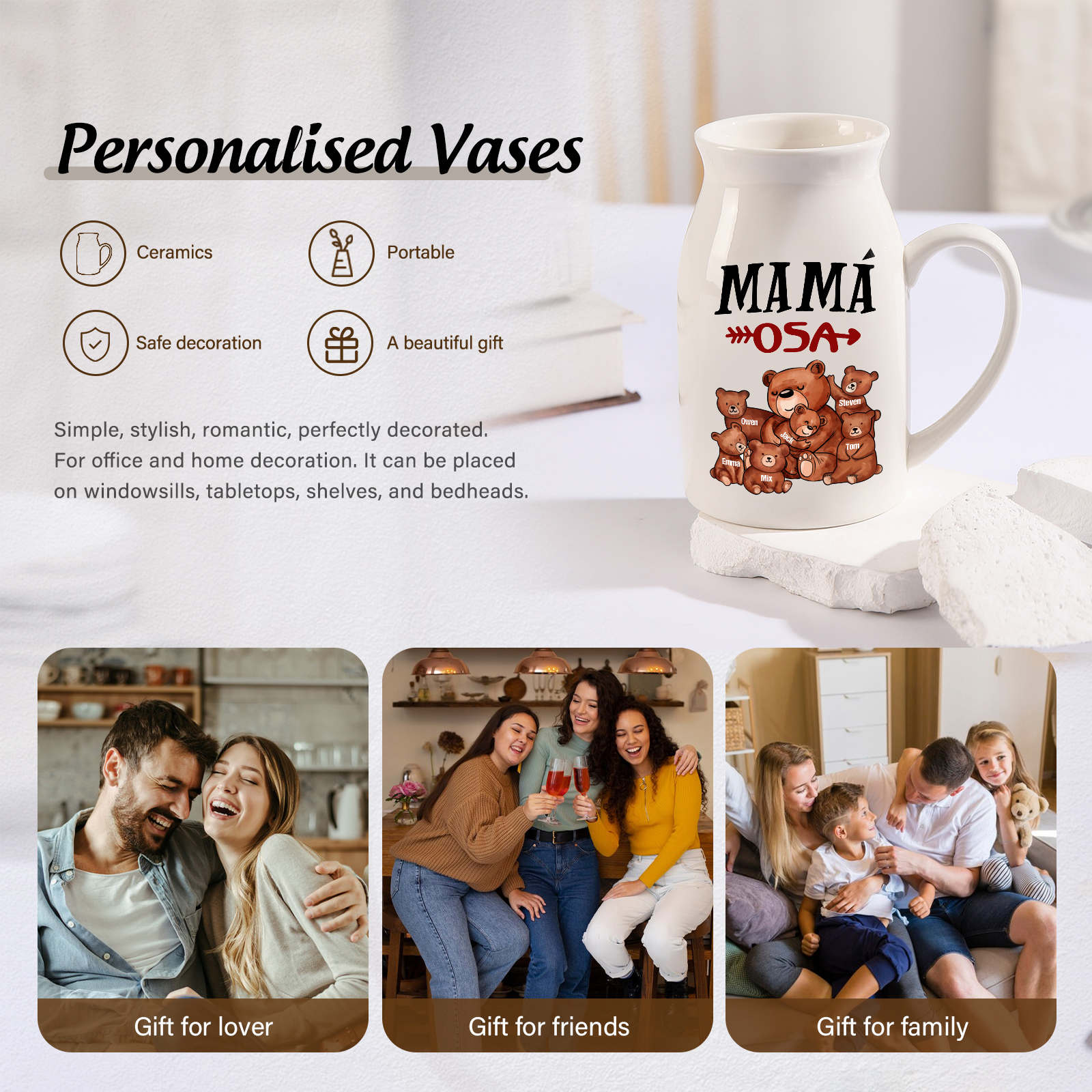 Florero de cerámica mamaosa y sus bebés 2-8 nombres personalizados con texto decoración del hogar-Jessemade ES