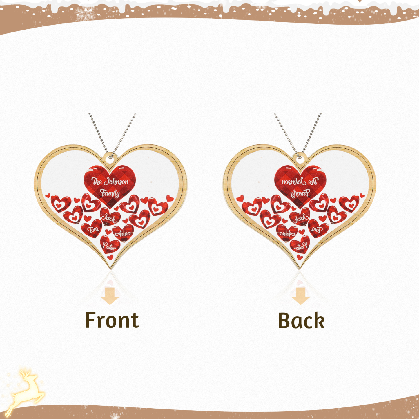Navidad-Ornamento navideño de acrílico corazones con 4 nombres y 1 texto personalizados