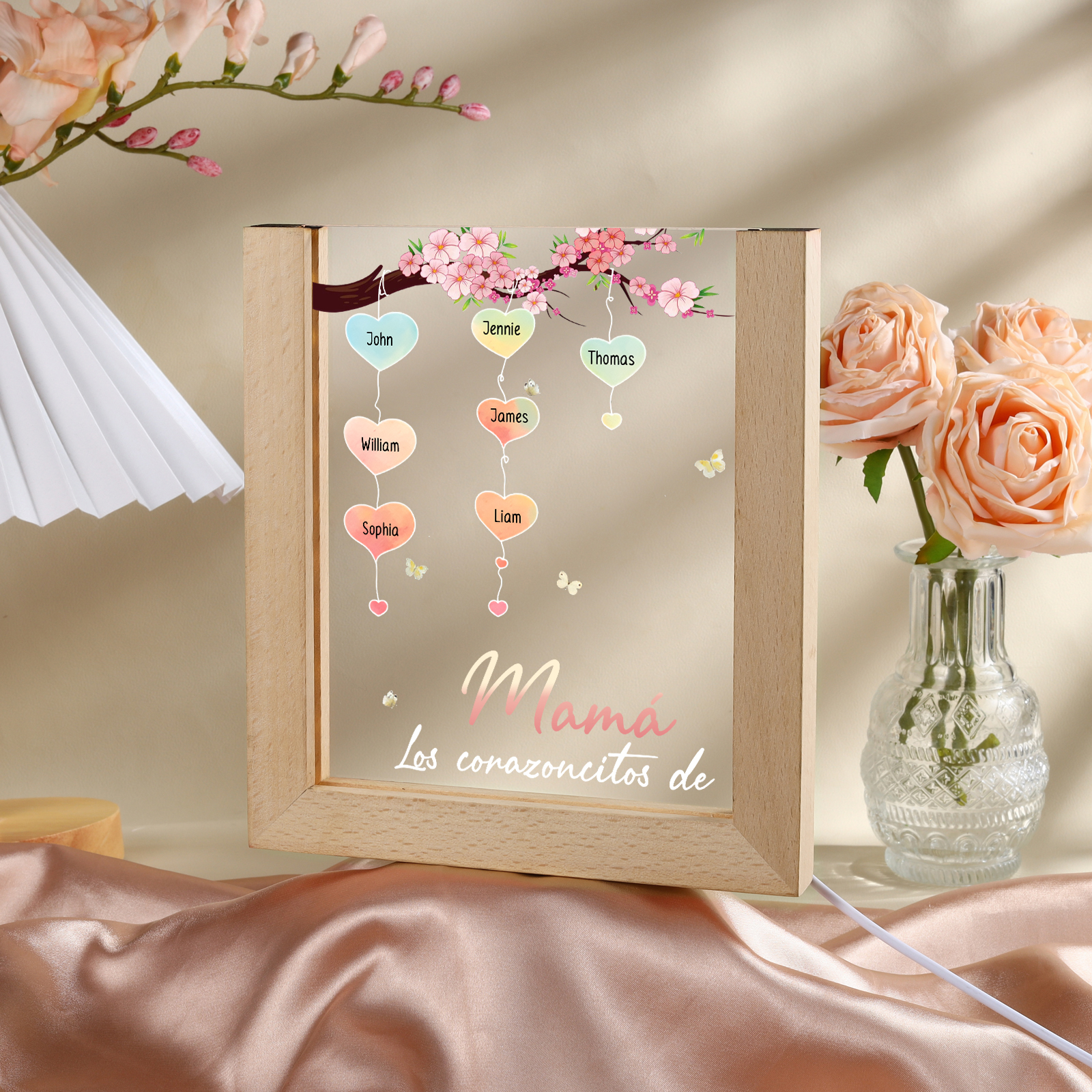 A mi mamá/abuela-Lámpara Personalizada con 2-8 Nombres y Texto "árbol y corazones" 3D Ilusión Luz de Noche-Jessemade ES