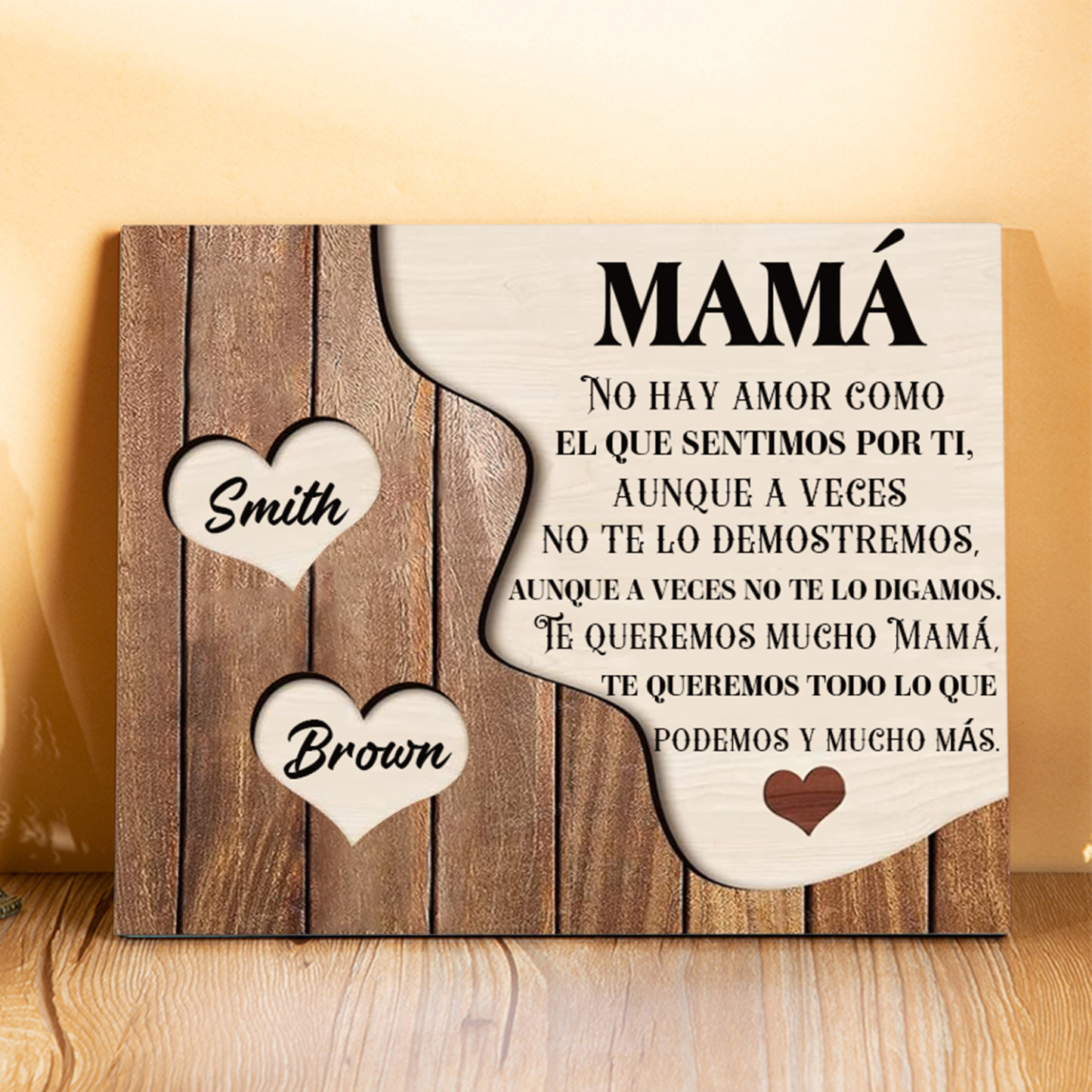 A mi mamá - Lámina 2-8 nombres personalizados marco de madera cara y corazones-Jessemade ES