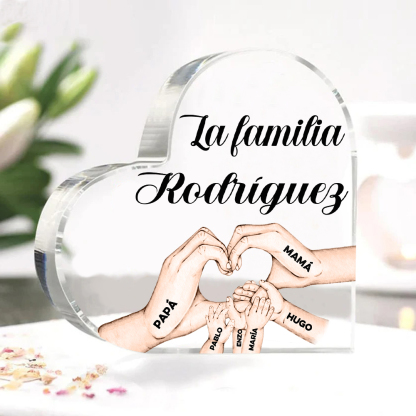 Placa de acrílico en forma de corazón mano a mano con 1 texto y 6 nombres personalizados-Jessemade ES