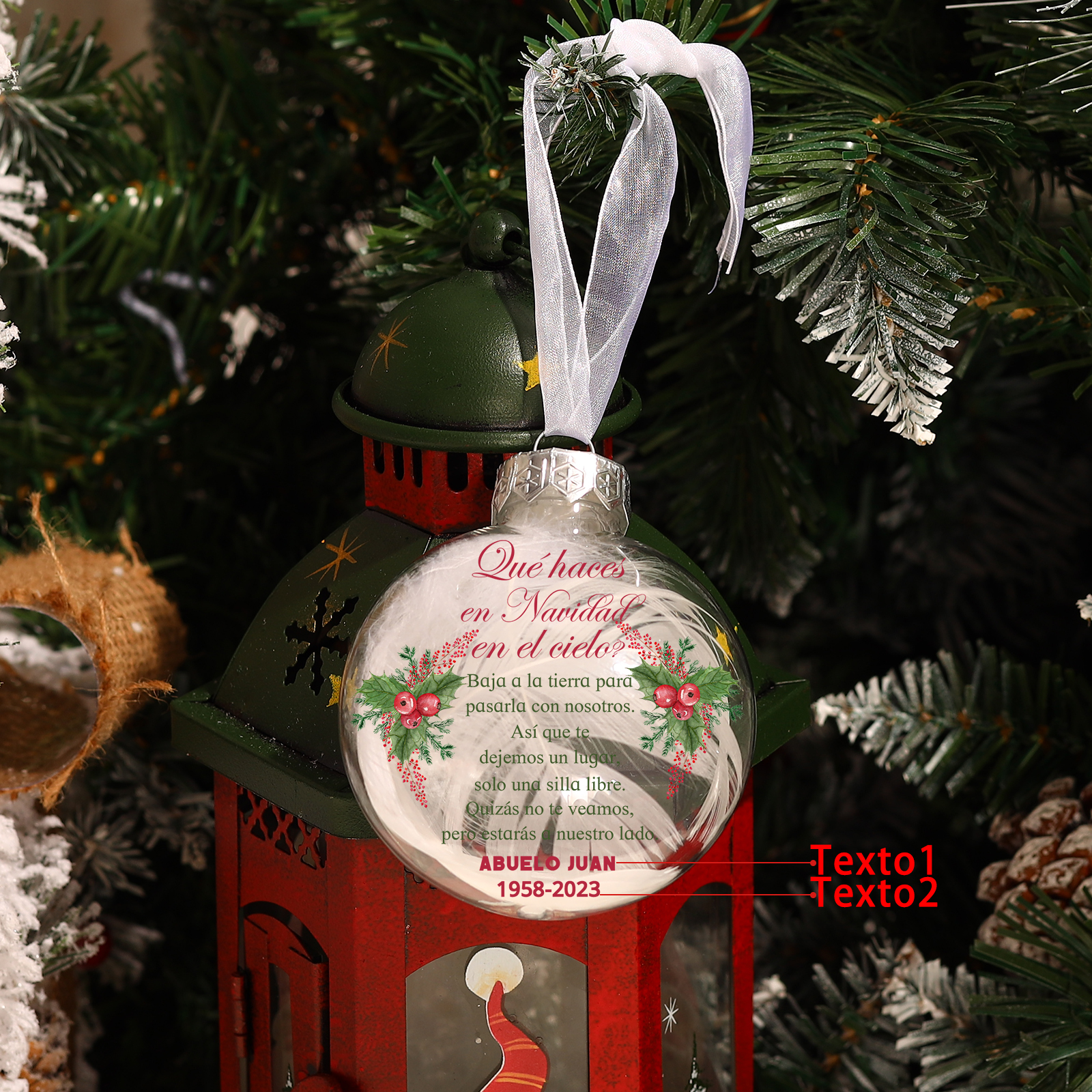 Bola navideña conmemorativa Adorno de Navidad 2 textos personalizados con pluma -Jessemade ES