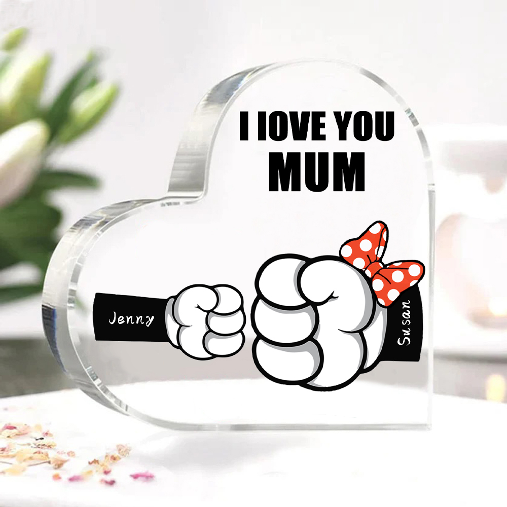 A mi mamá/abuela-Placa de acrílico "Puños" en forma de corazón 2 nombres y 1 texto personalizados-Jessemade ES