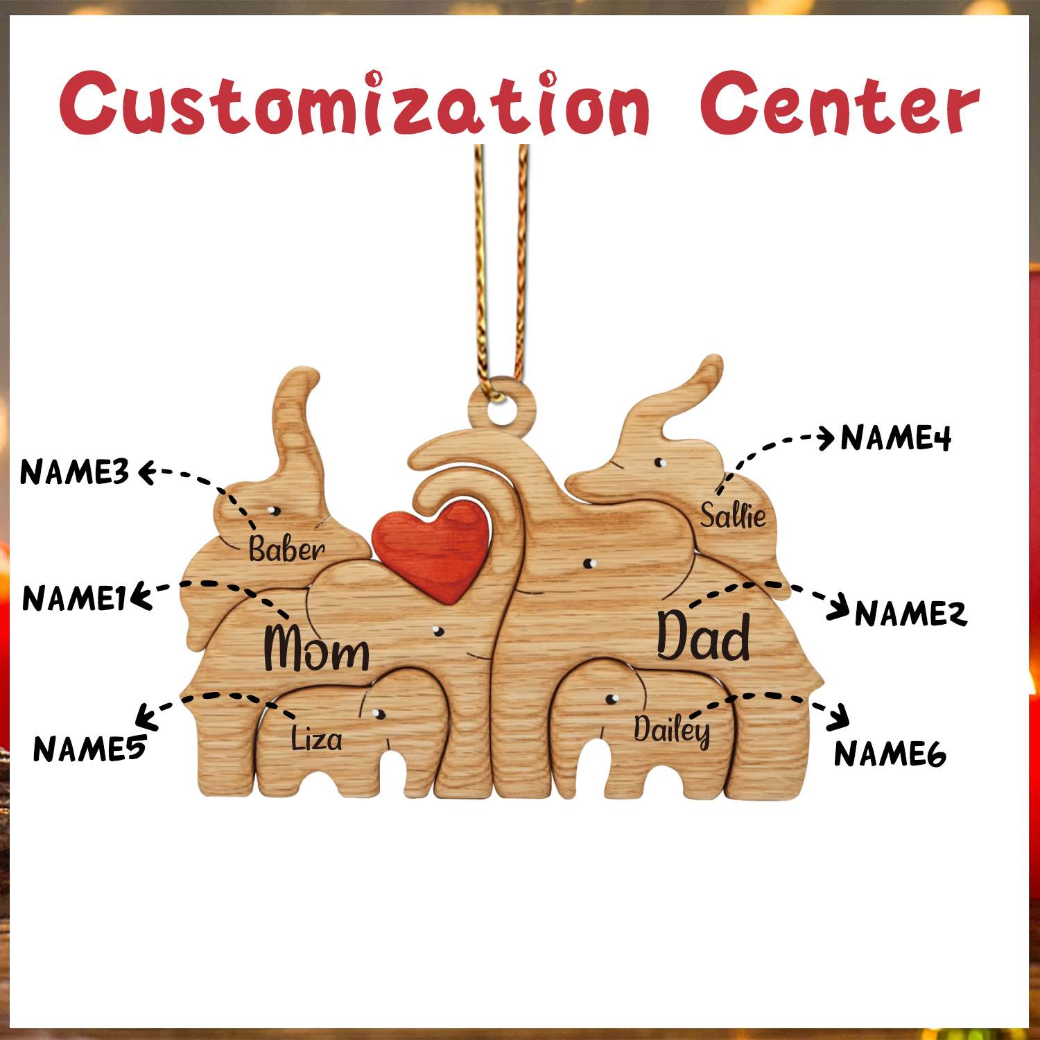 Navidad-Ornamento muñecos navideño de madera familia de elefantes 6 nombres personalizados adorno del árbol-Jessemade ES