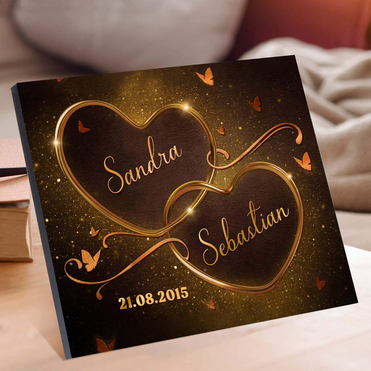 Lámina "corazones conectados" marco de madera para pareja 2 nombres personalizados con fecha-Jessemade ES