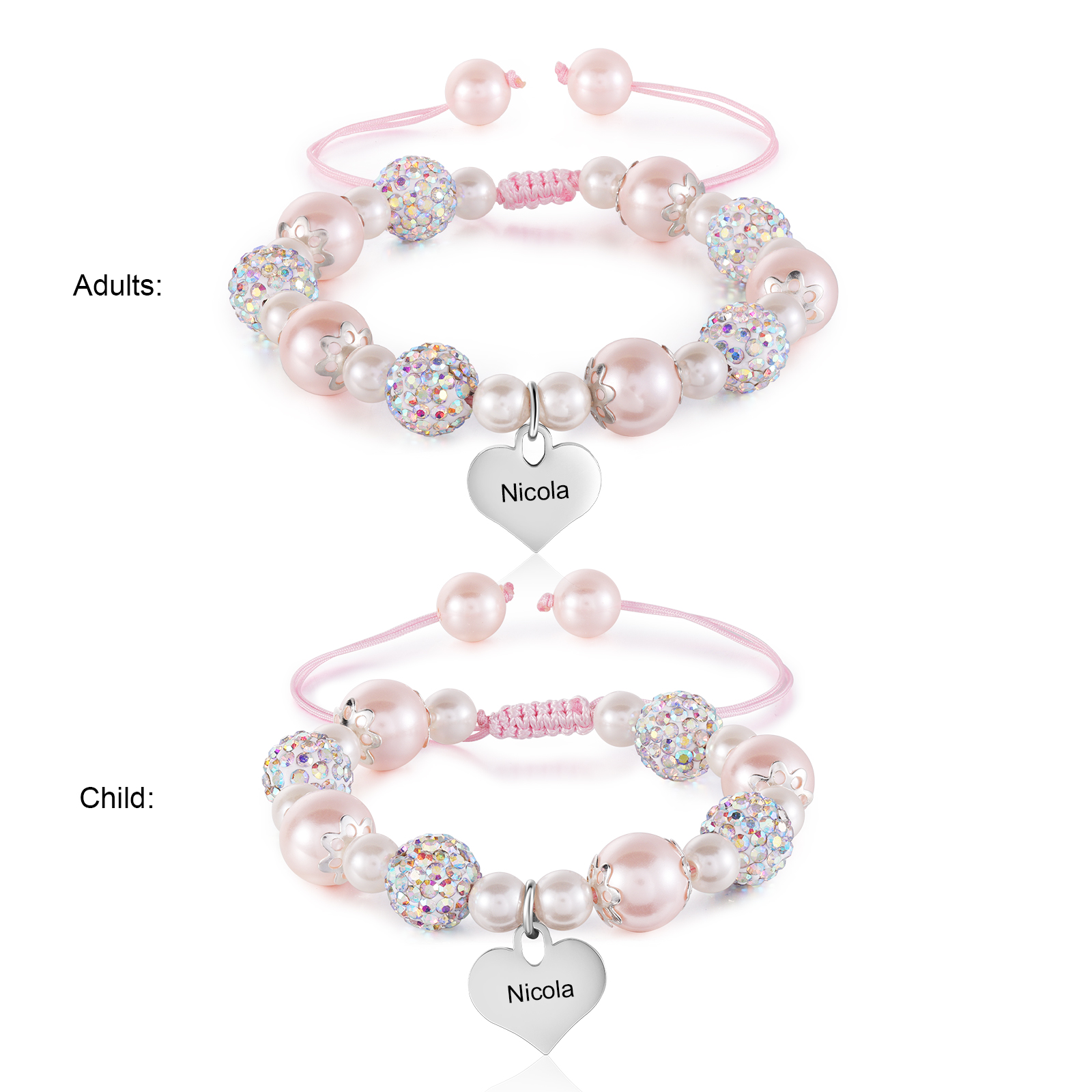 Unidad de 2 pulseras de perlas para mamá e hija con dije personalizado de 2 nombres